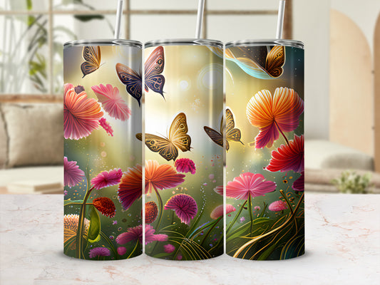 Three tumblers with butterflies and glowing flowers on a marble surface.