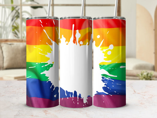 Rainbow flag tumbler with white splash graphic.