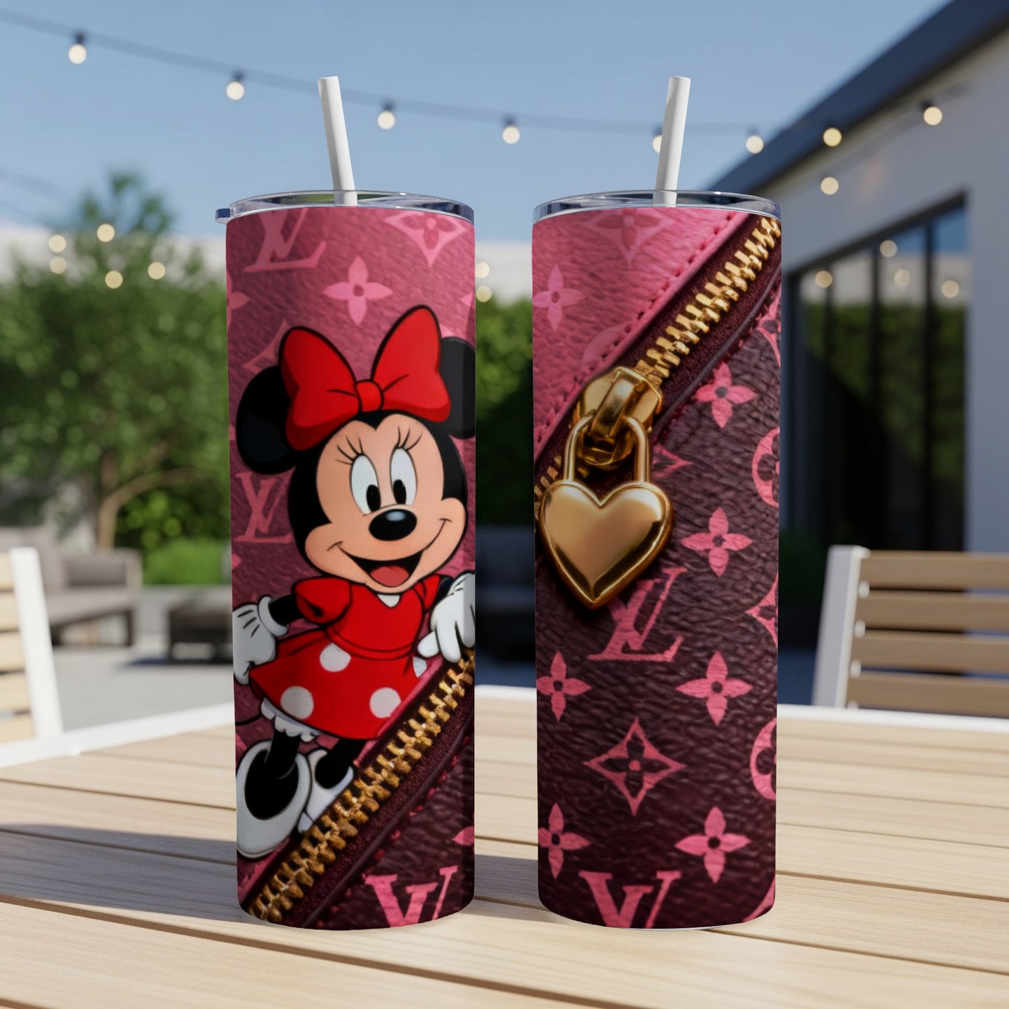 Minnie Mouse tumbler with pink LV-style pattern and gold heart zipper.
