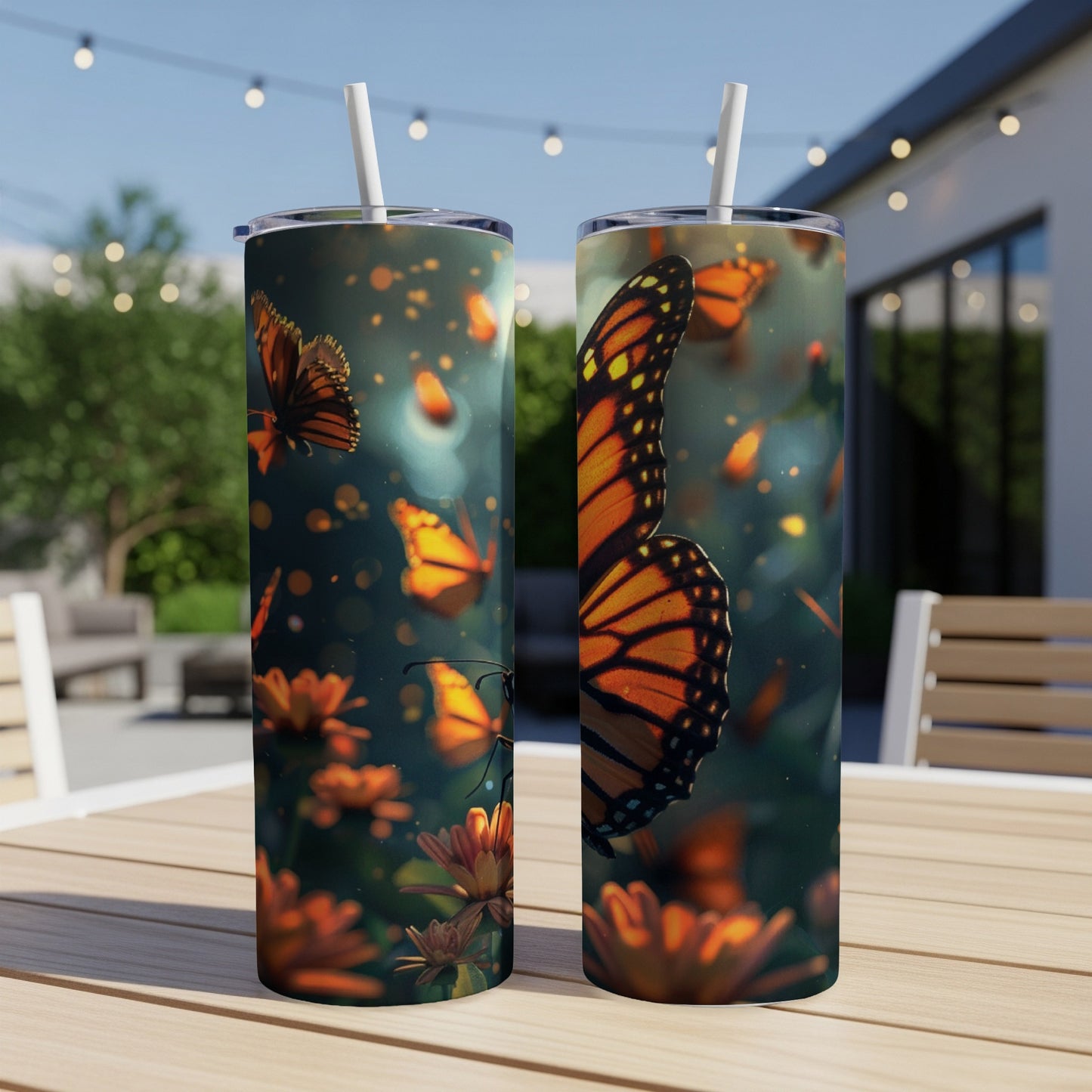 Two tumblers with monarch butterflies and orange flowers, outdoors.