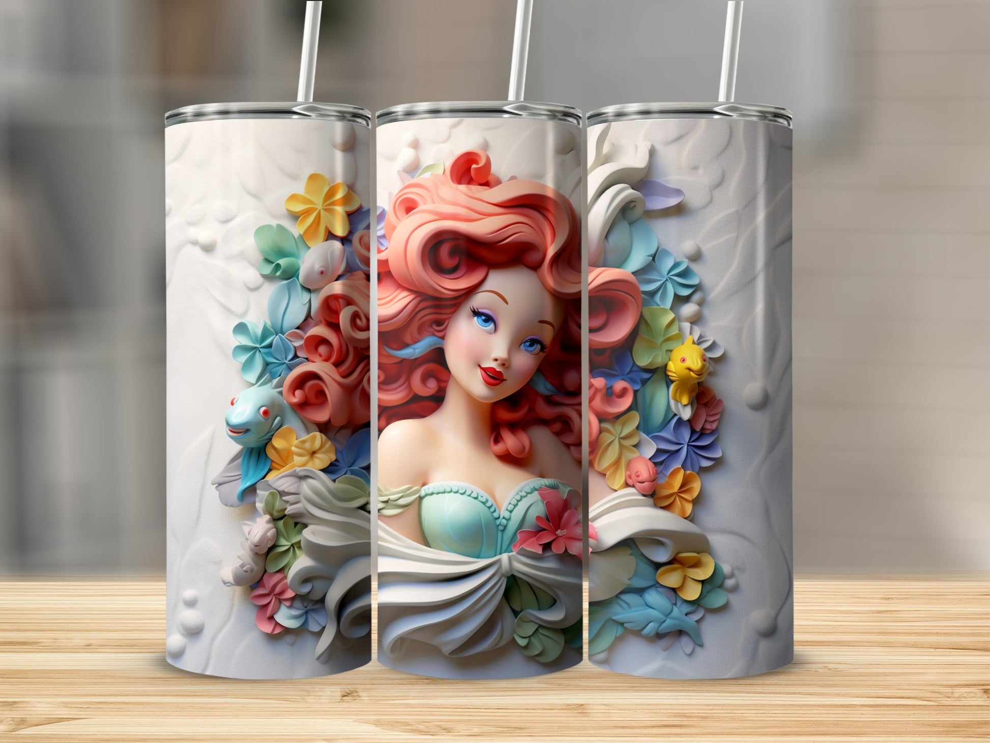 Detailed Mermaid Art Design Floral Decoration Tumbler