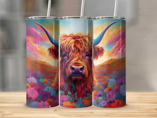Highland cow with colorful flowers and vibrant sky.