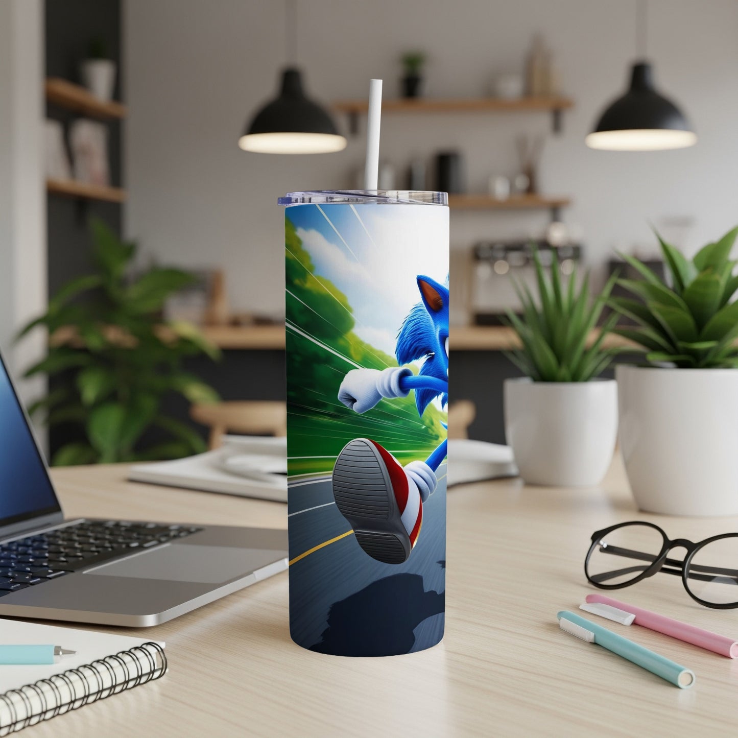 Sonic the Hedgehog running on a road, printed on a white insulated tumbler.
