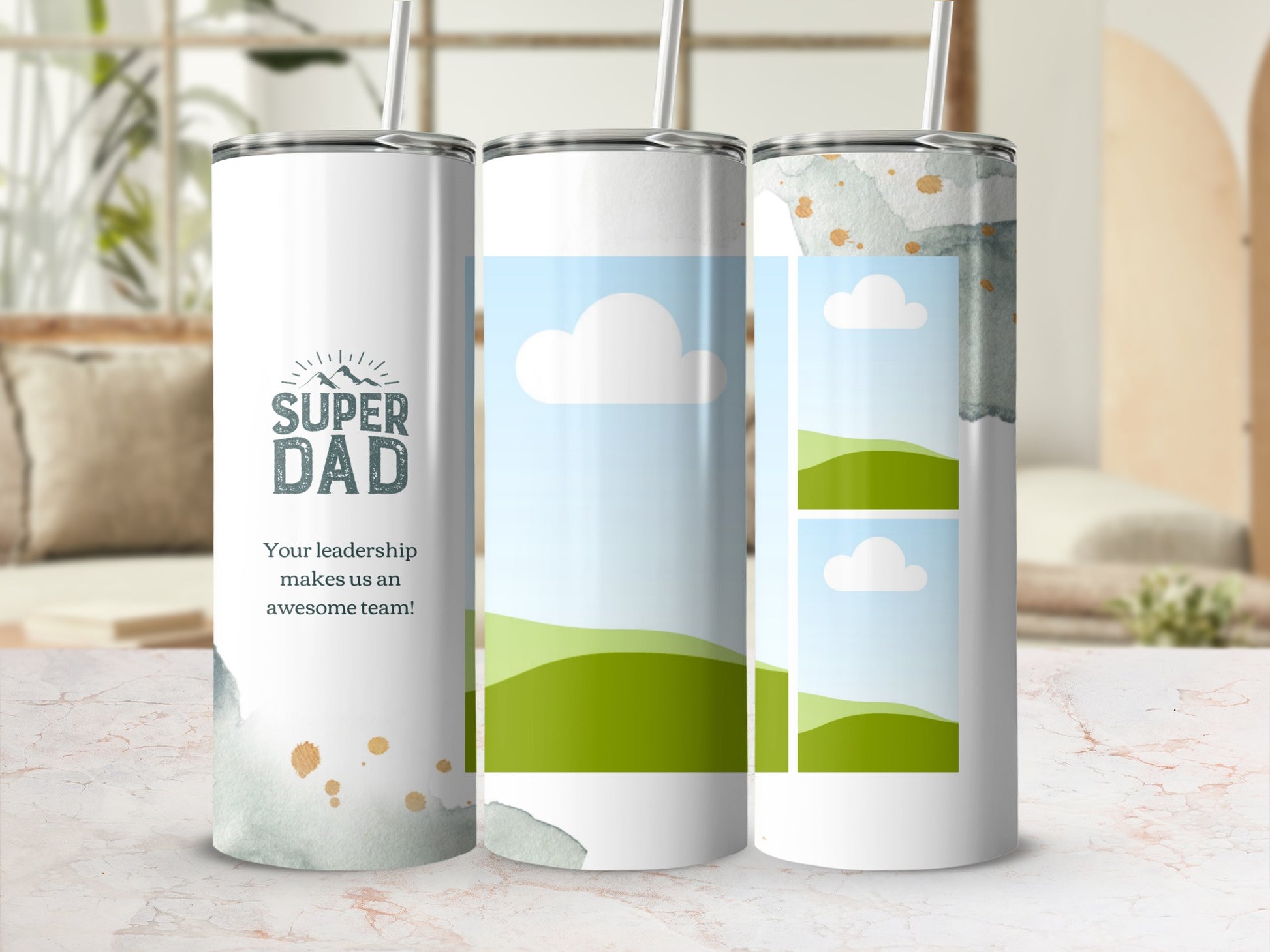 Tumblers featuring "Super Dad" text and mountain graphic, or landscape scenes.