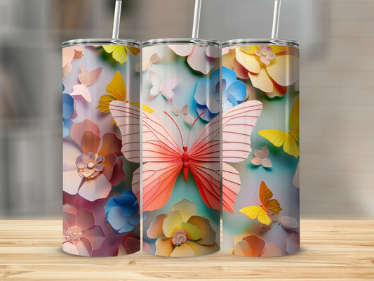 Three floral patterned tumblers with butterflies, one with a large pink butterfly.
