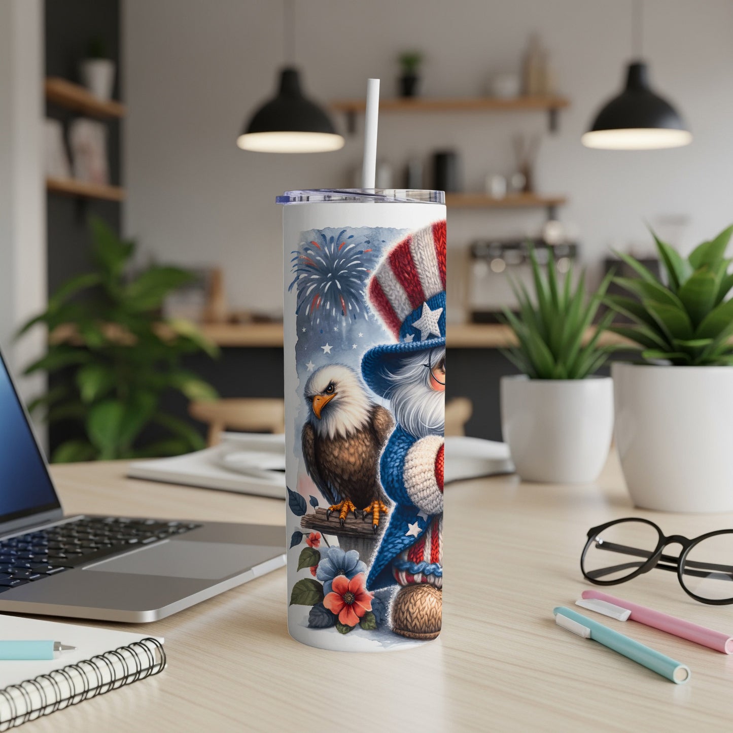 Patriotic Santa Claus with eagle, flag, and fireworks design on a tumbler.