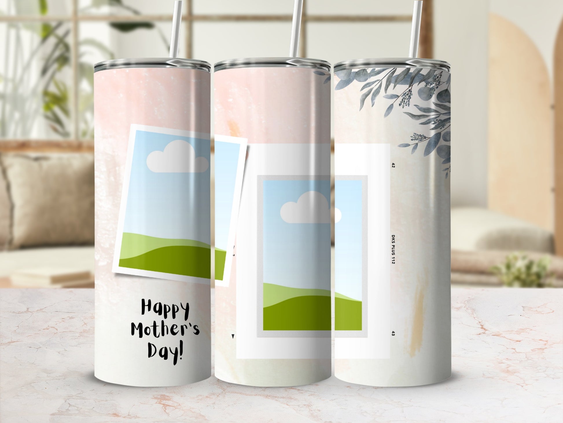 Three tumblers with photographic and floral designs, one reads "Happy Mother's Day!".