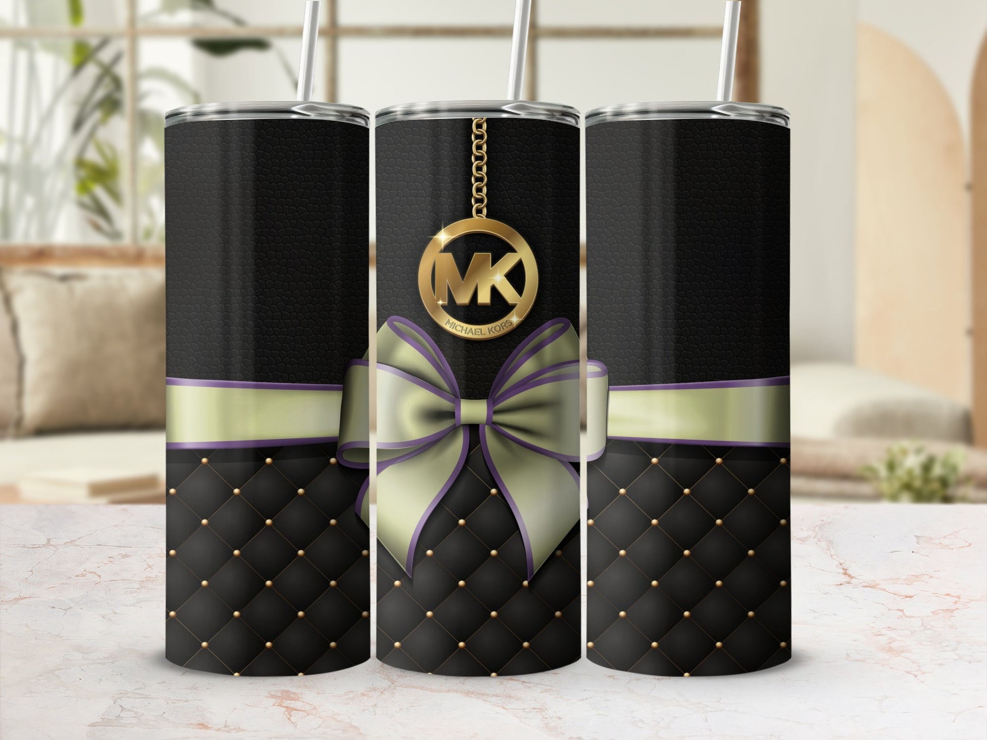 Elegant Black and Gold Design Tumbler with Ribbon Accent