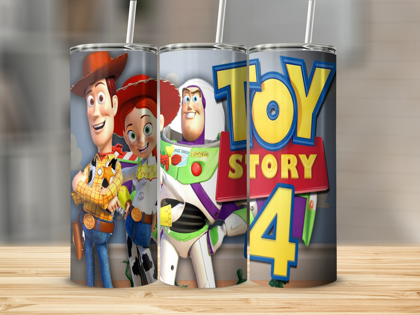 Toy Story 4 tumbler with Woody, Jessie, and Buzz Lightyear.