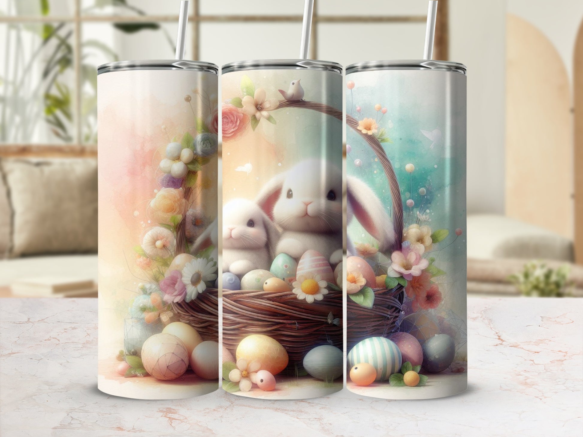 Easter bunnies in a basket with colorful eggs and flowers.