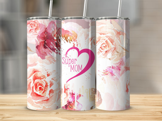 Super Mom Heart Pink Roses Design Tumbler Cup