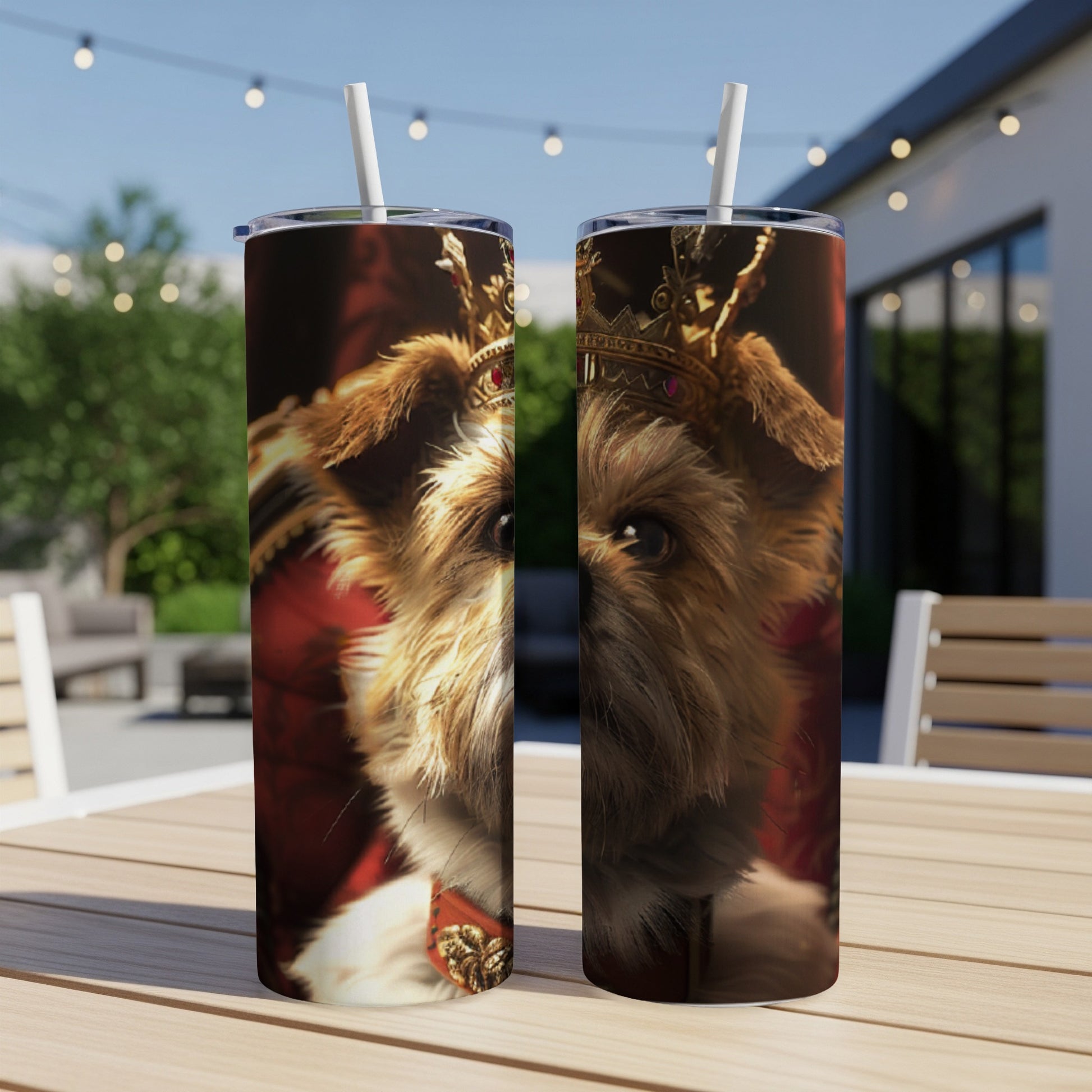 Yorkshire terrier in crown and regal robes on a tumbler.