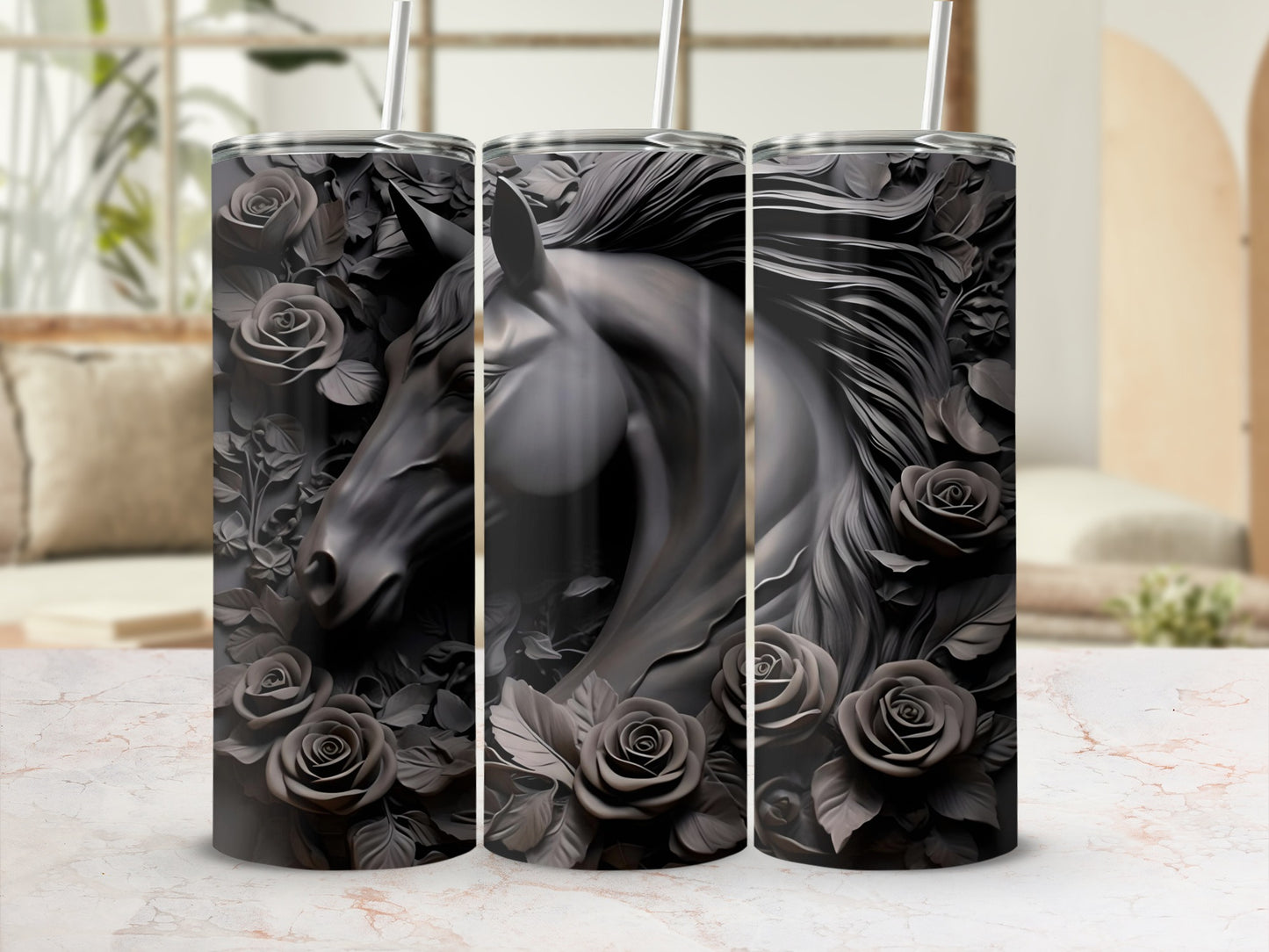 Elegant Horse and Roses Design Tumbler for Unique Style