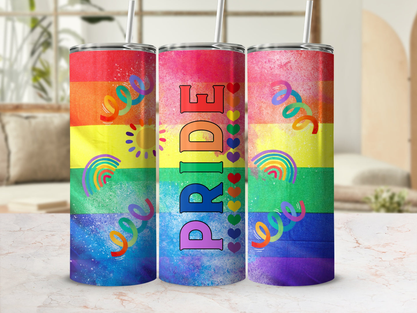 Rainbow tumbler with "Pride" text and confetti accents.