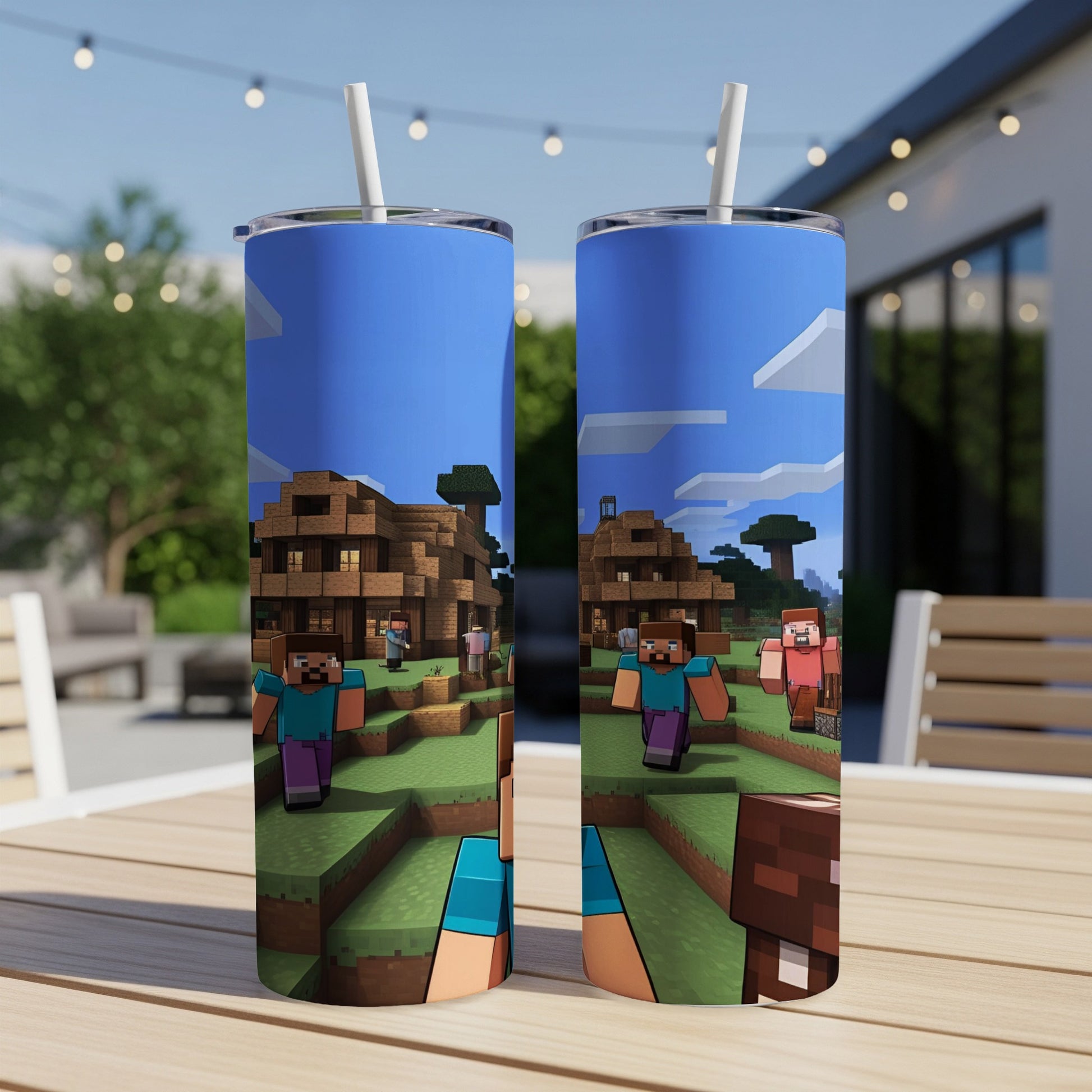 Minecraft characters and pixelated wooden structures on a blue sky background.