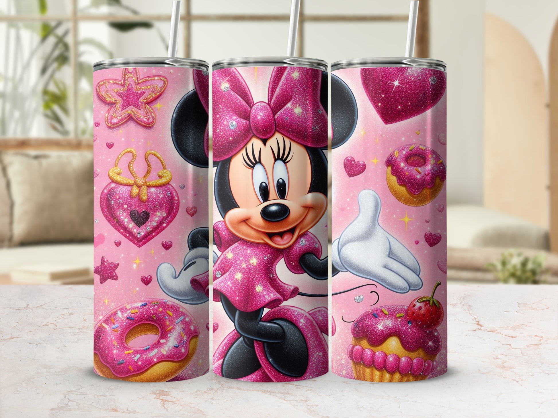Pink Glitter Minnie Mouse and Donut Printed Tumbler
