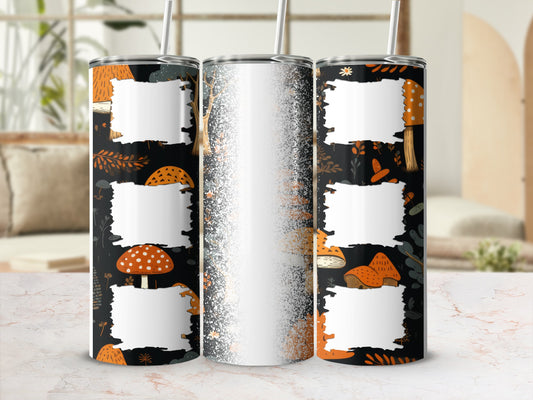 Tumbler with mushroom and fox pattern, blank white space for personalization.