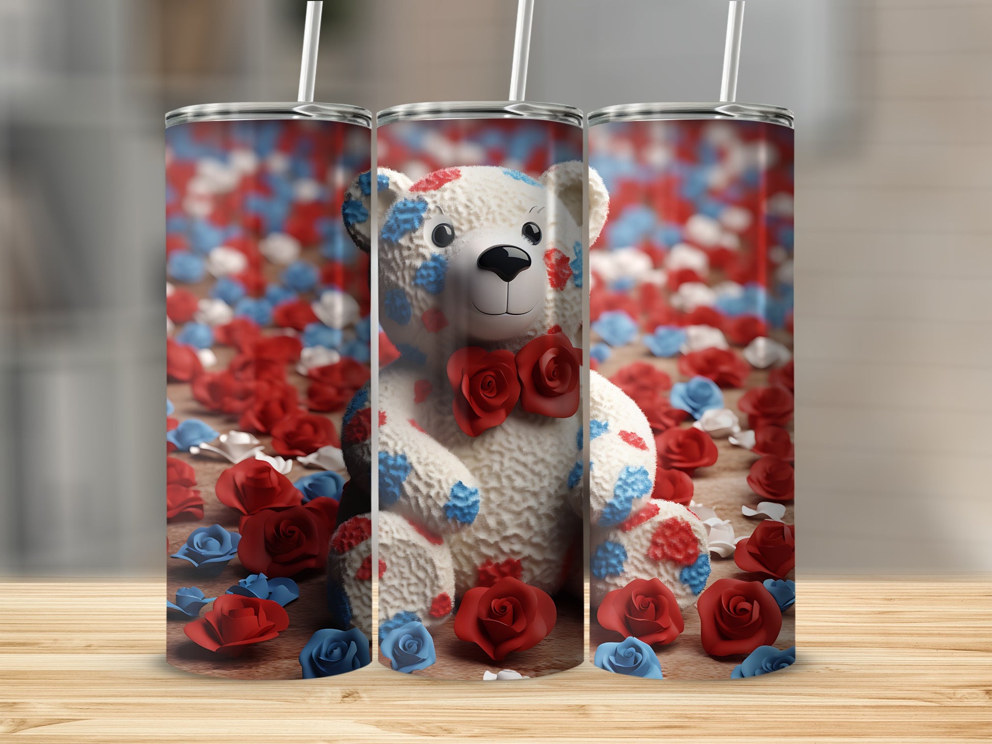 Teddy bear adorned with red and blue floral pattern, surrounded by roses.