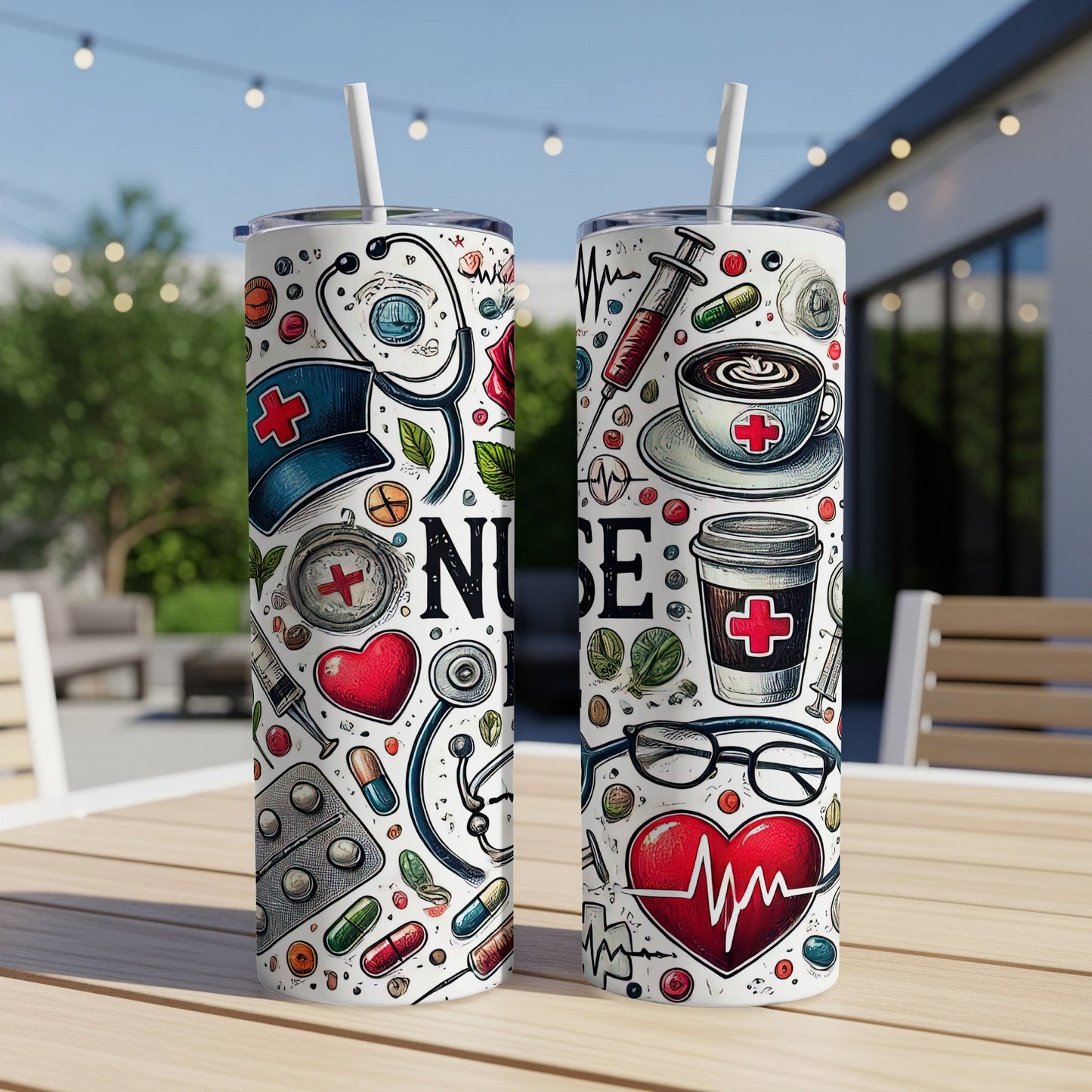Nurse-themed tumbler with medical icons and stethoscope on a table.