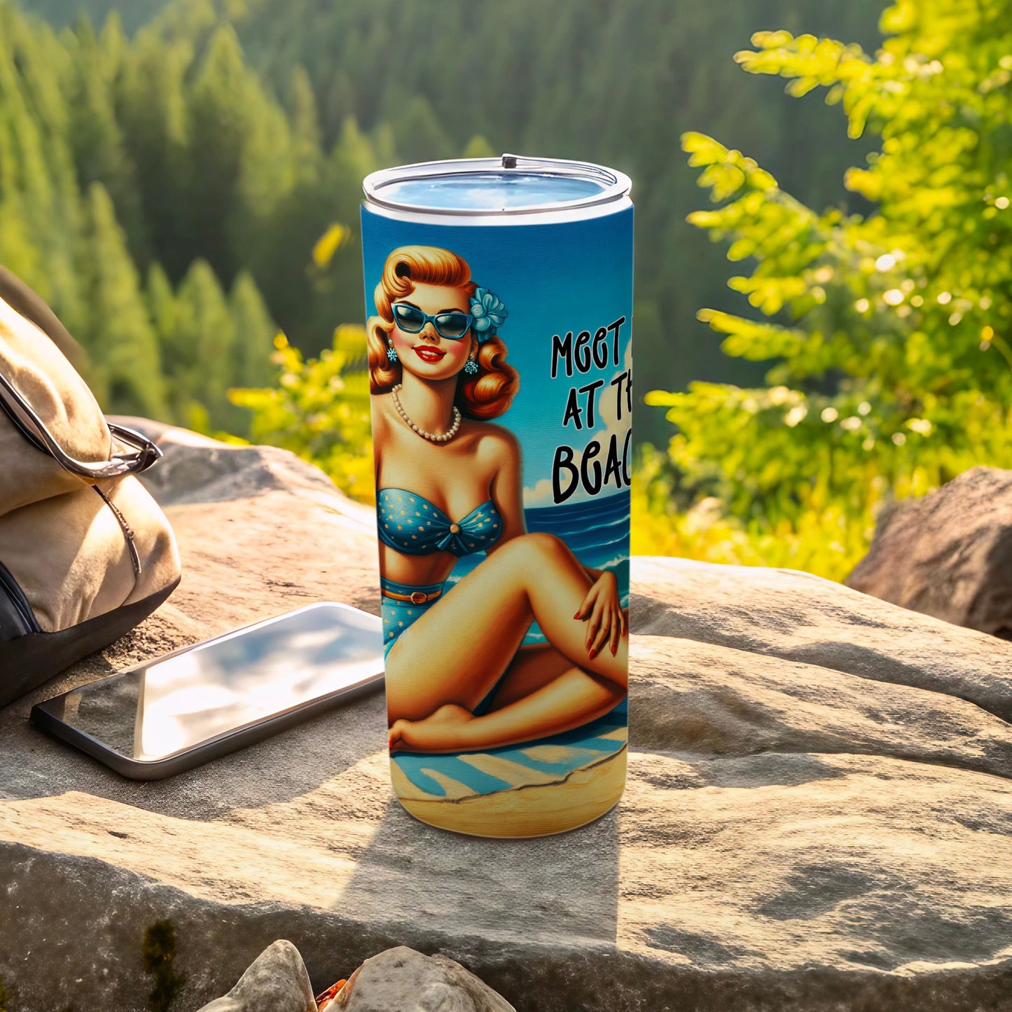 Tumbler with pin-up girl design and text "MEET ME AT THE BEACH".