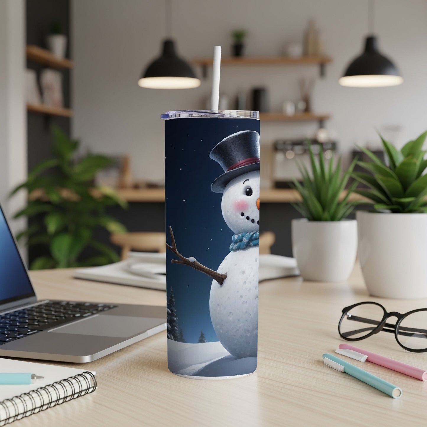 Tall tumbler with a snowman wearing a hat and scarf.