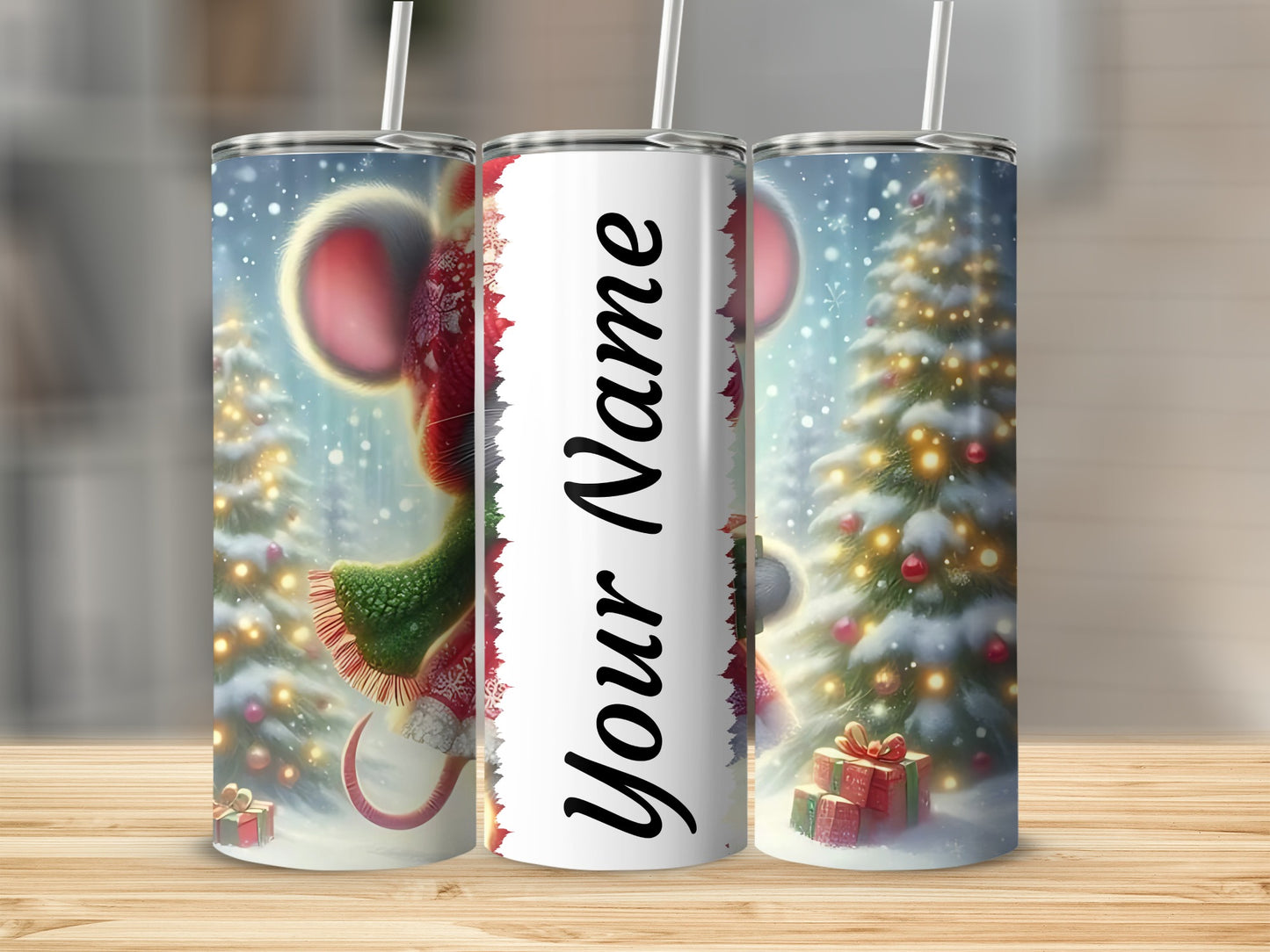 Personalized Christmas Mouse and Tree Design Tumbler