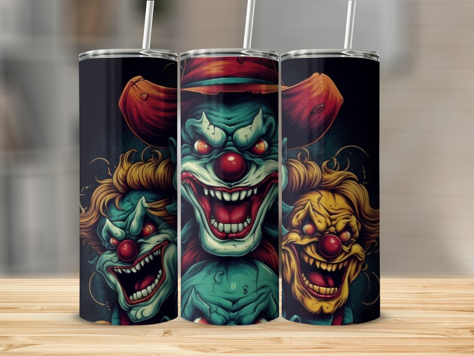 Three tumblers featuring grinning, menacing clowns with red noses and wide mouths.