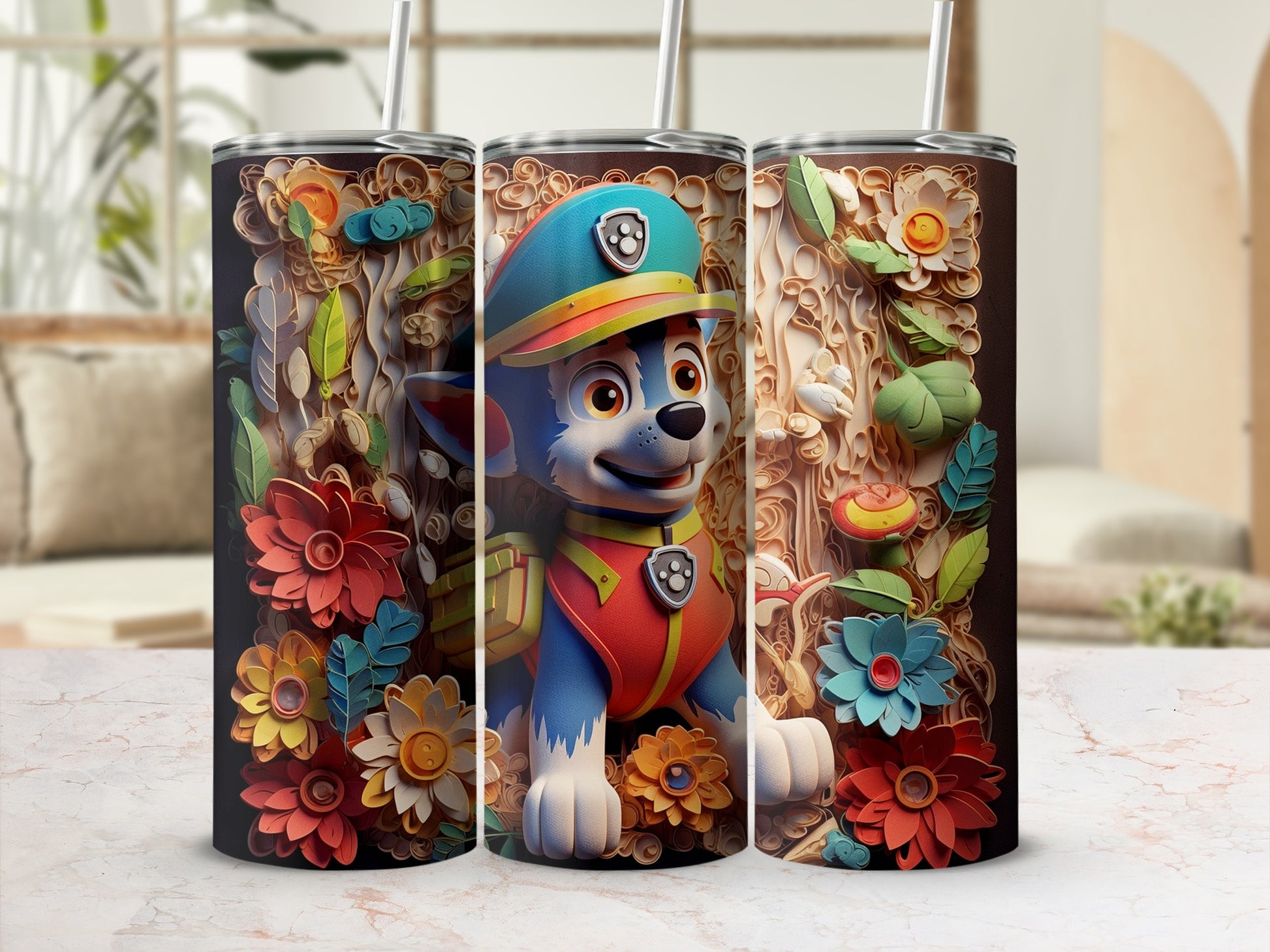 Colorful Floral Pattern Tumbler with Cute Dog Design
