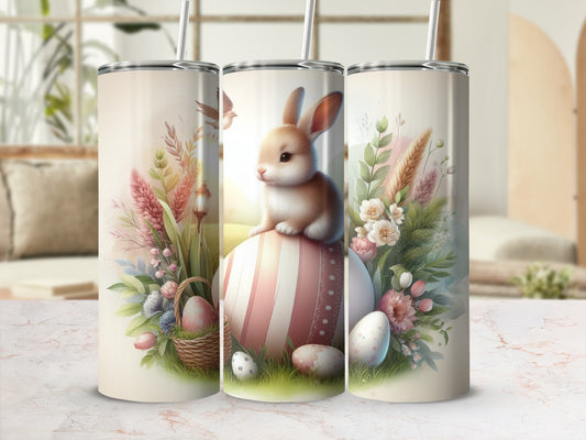 Easter bunny on striped egg with flowers and baskets.