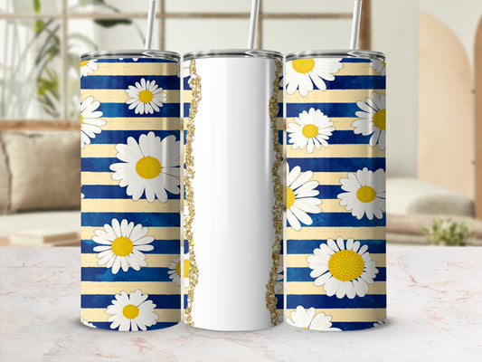 Tall skinny tumbler with blue and yellow stripes and white daisies.
