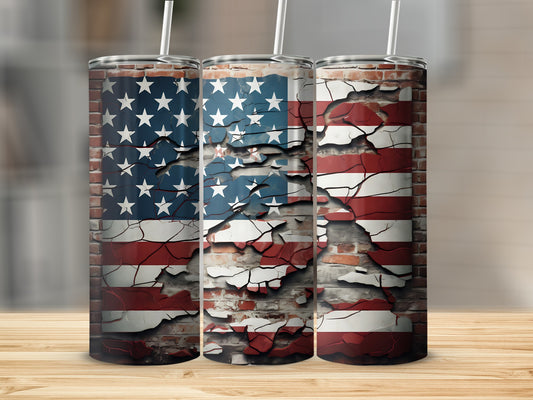 Three tumblers with distressed American flag design on a wooden surface.