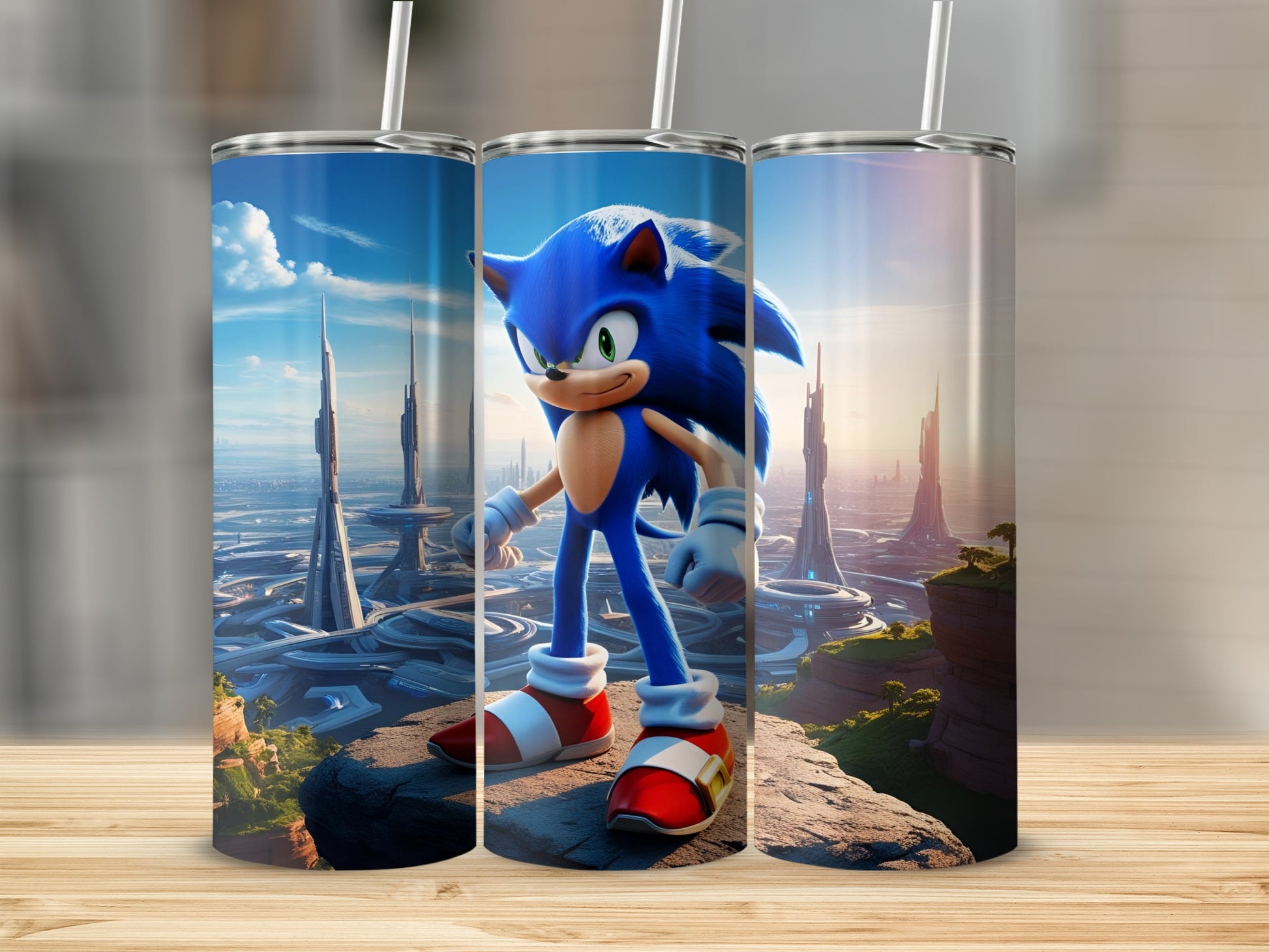 Sonic the Hedgehog standing on a cliff overlooking a futuristic city.