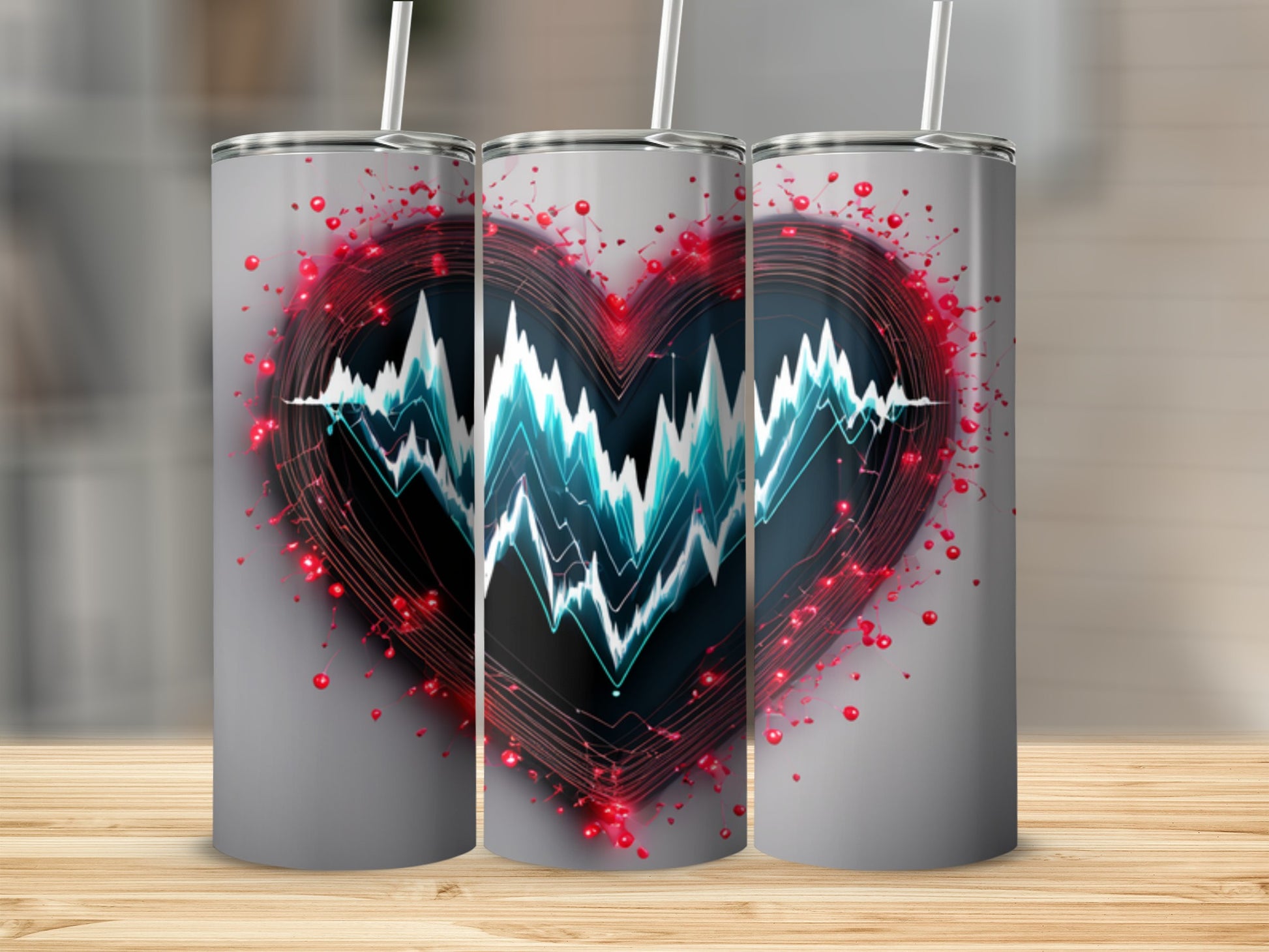 Three tumblers with a glowing red heart and a blue heart rhythm overlay.