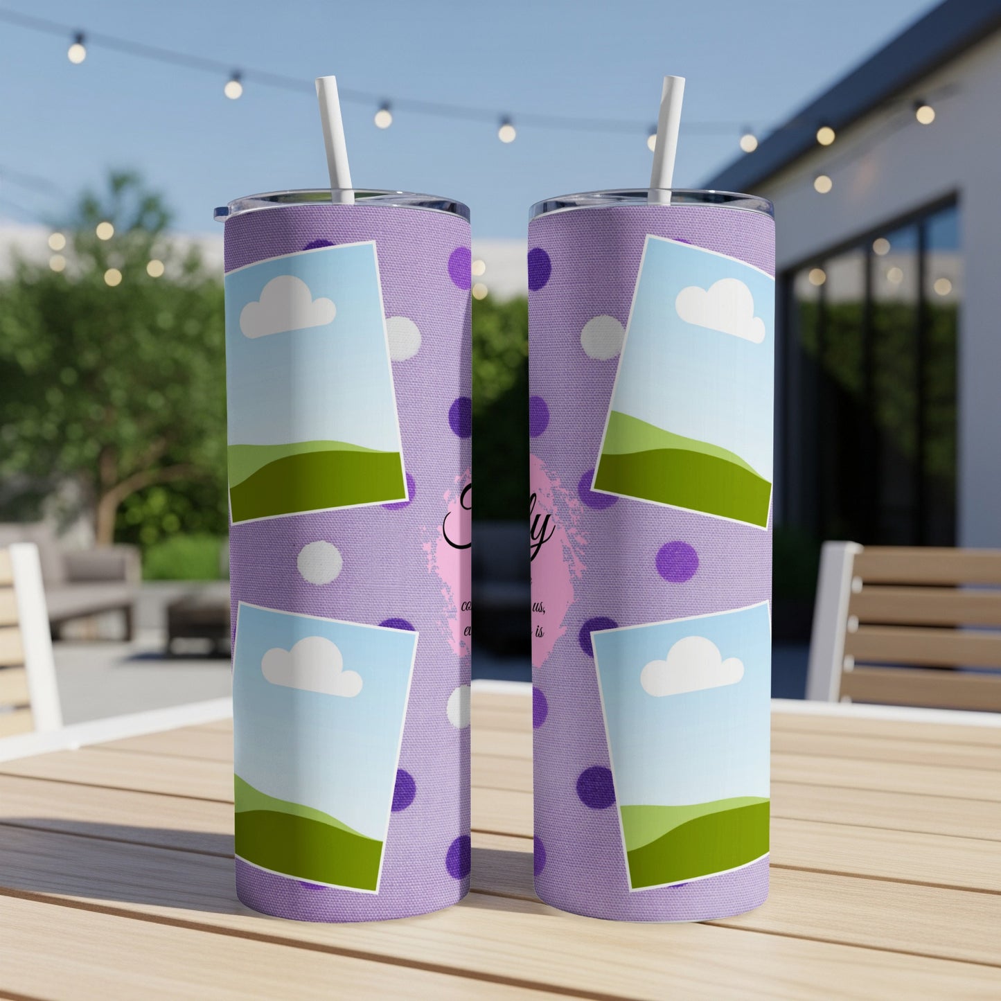 Purple polka dot tumbler with photo frames and "Emily" text.