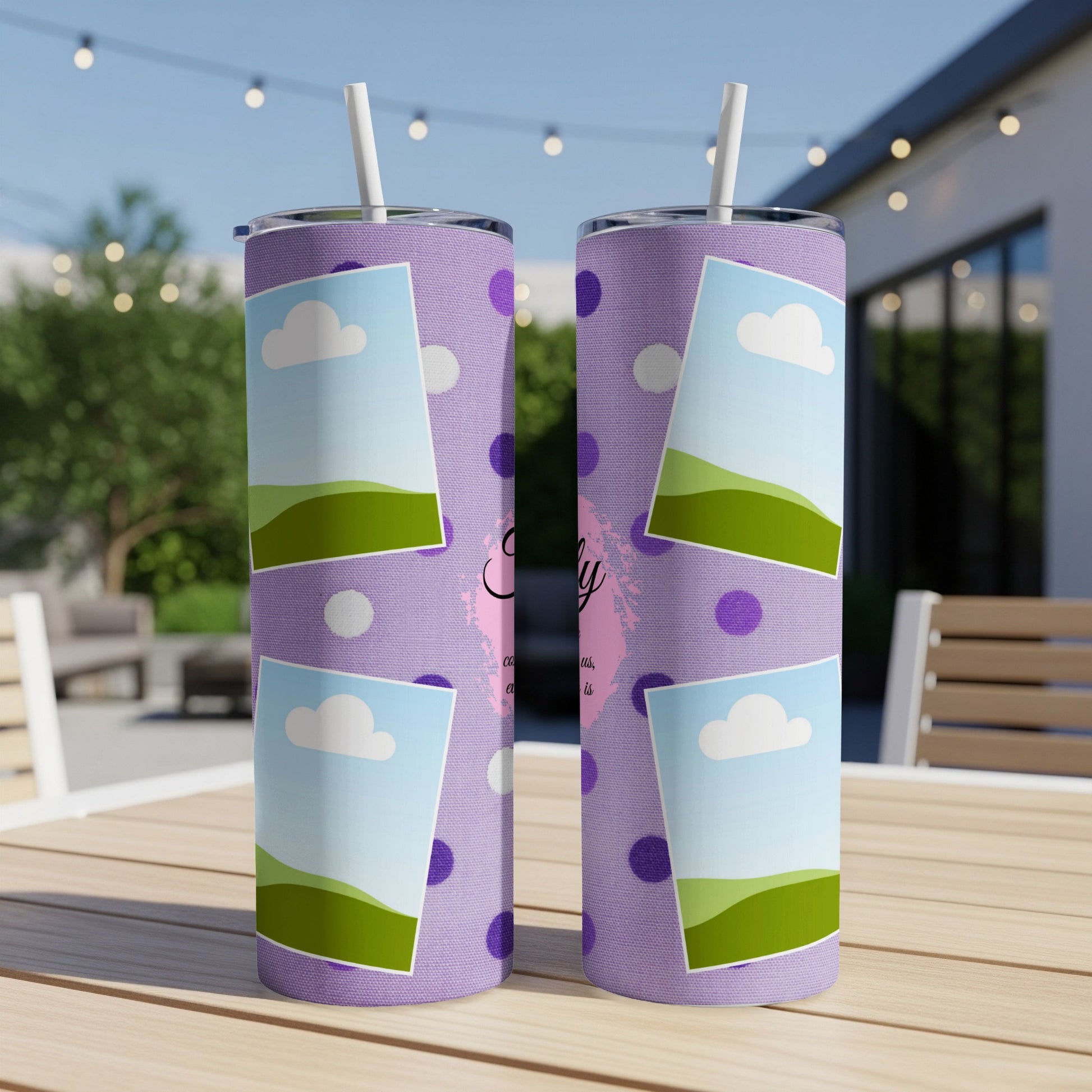 Purple polka dot tumbler with photo frames and "Emily" text.