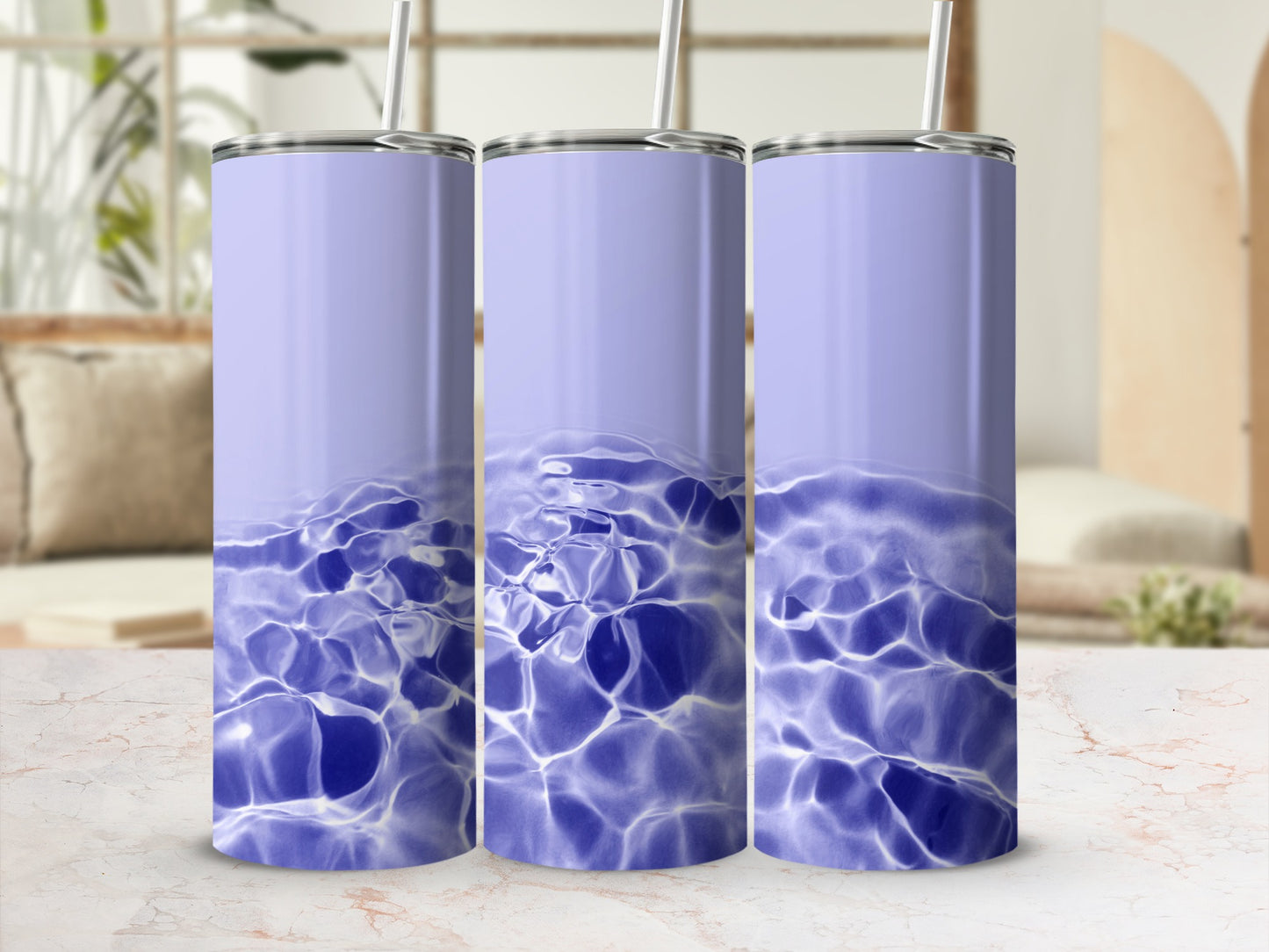 Three tall tumblers with light purple water ripple design.