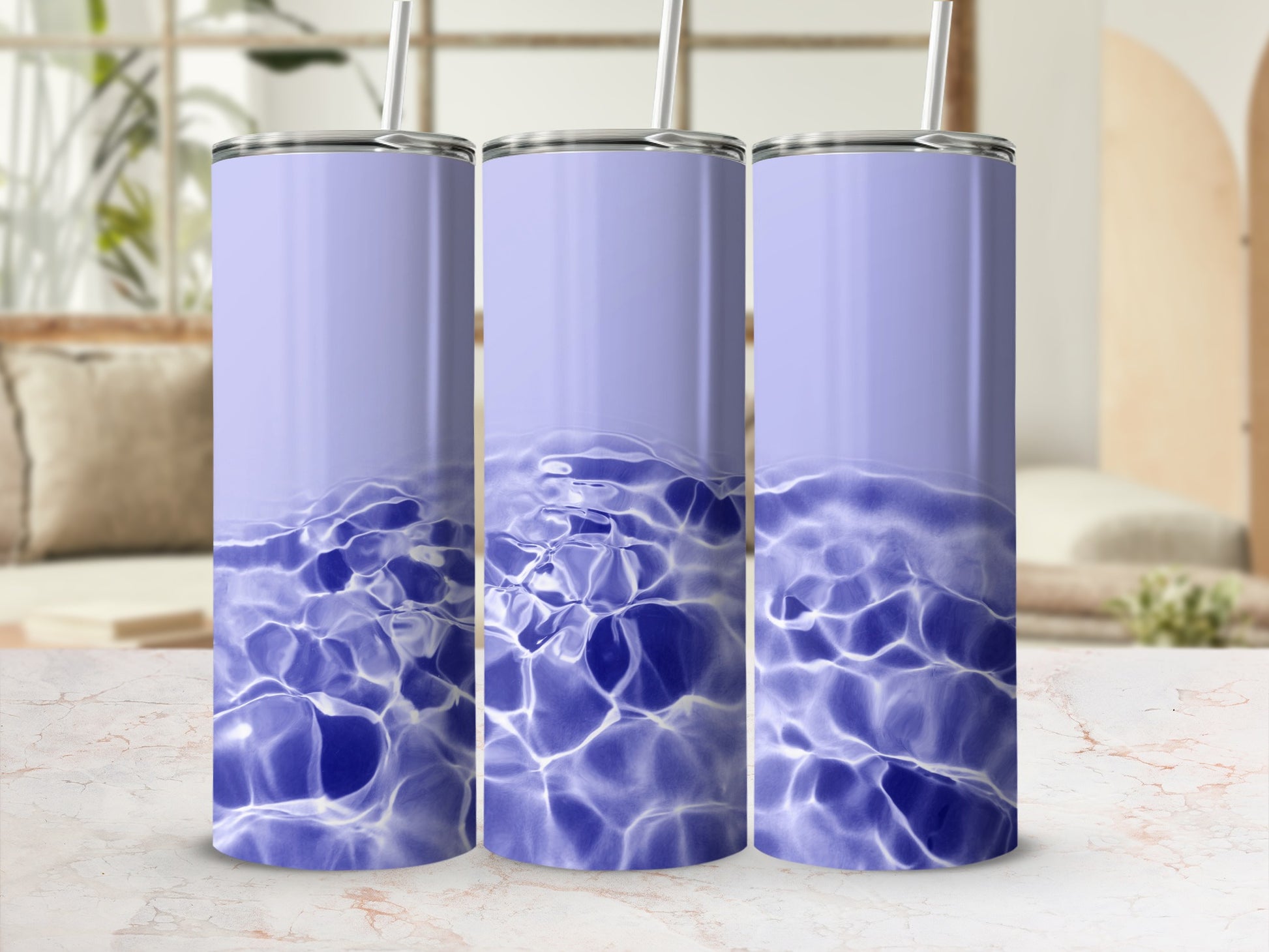 Three tall tumblers with light purple water ripple design.