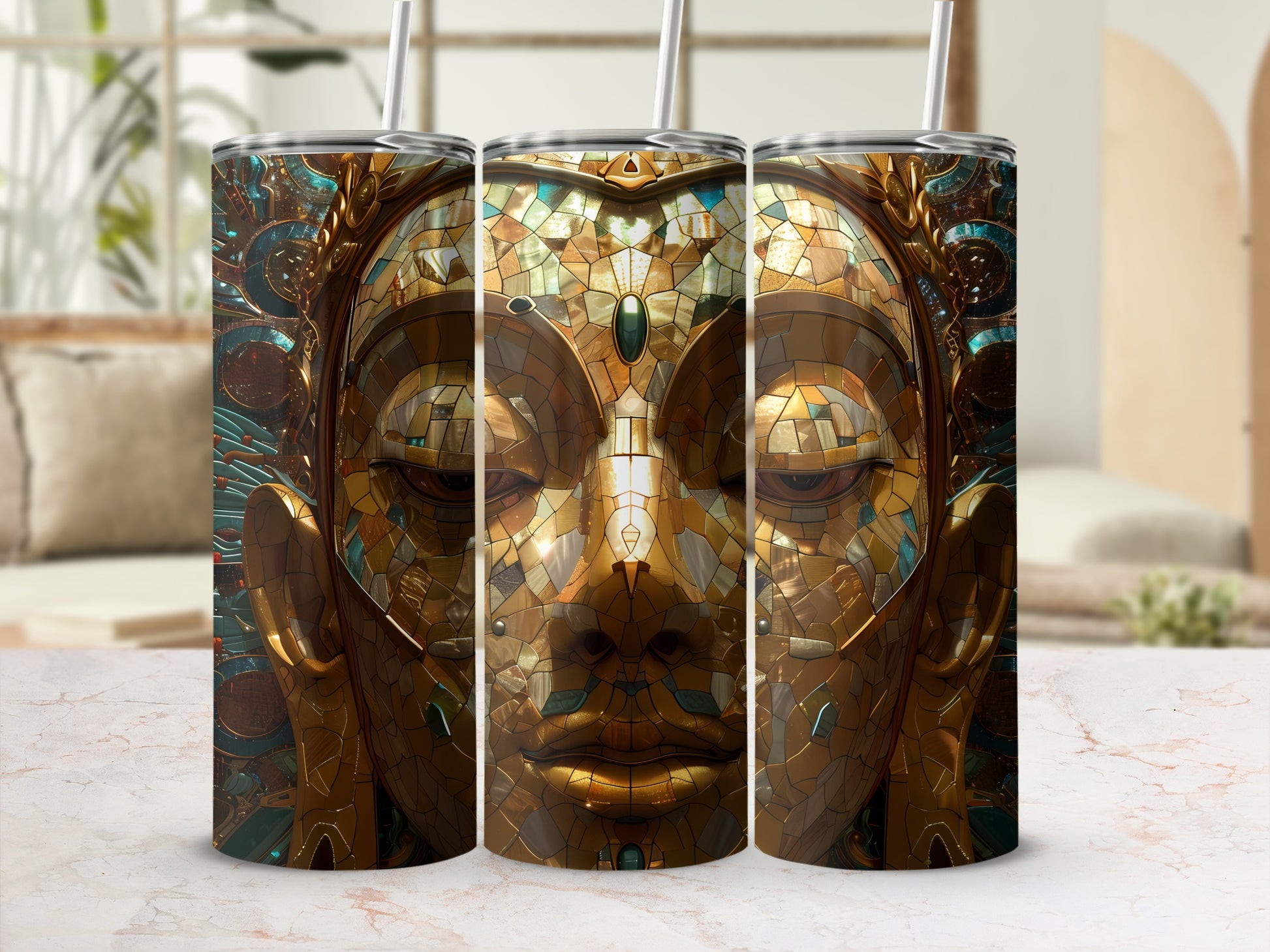 Gold mosaic Buddha face on a patterned tumbler with a straw.