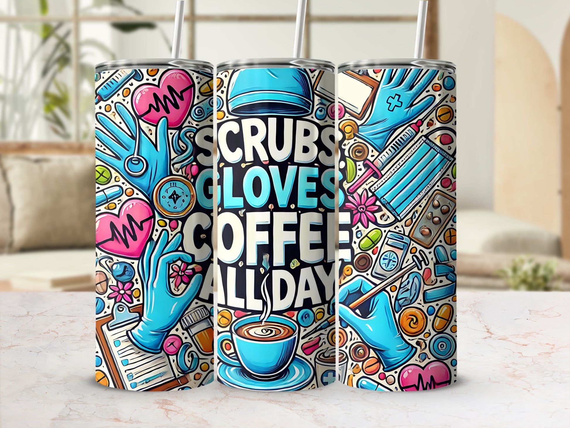 Three insulated tumblers with medical and coffee-themed designs, including scrubs, gloves, and hearts.