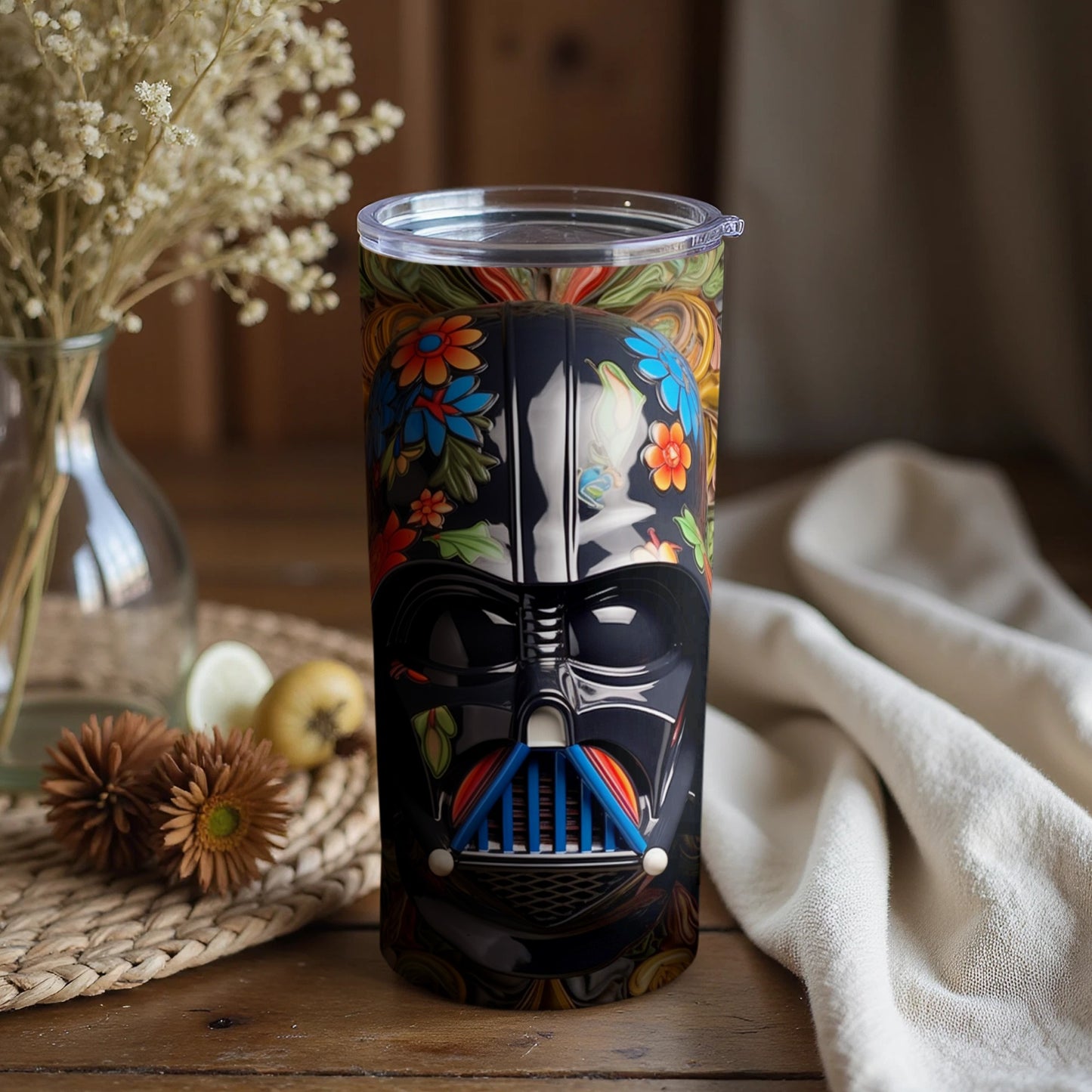 Floral Darth Vader Design Insulated Travel Tumbler