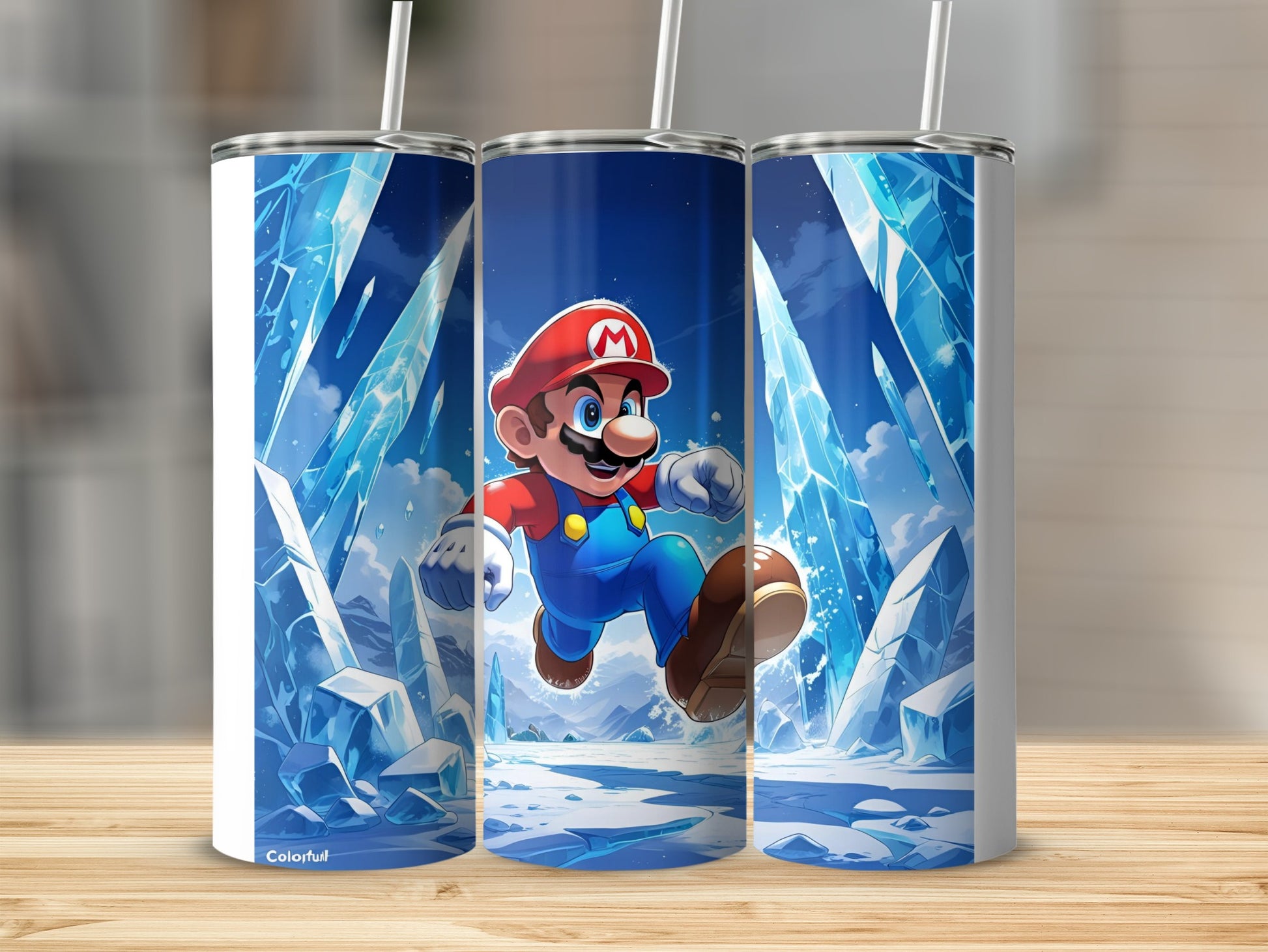 Mario running through an icy landscape on a colorful tumbler.