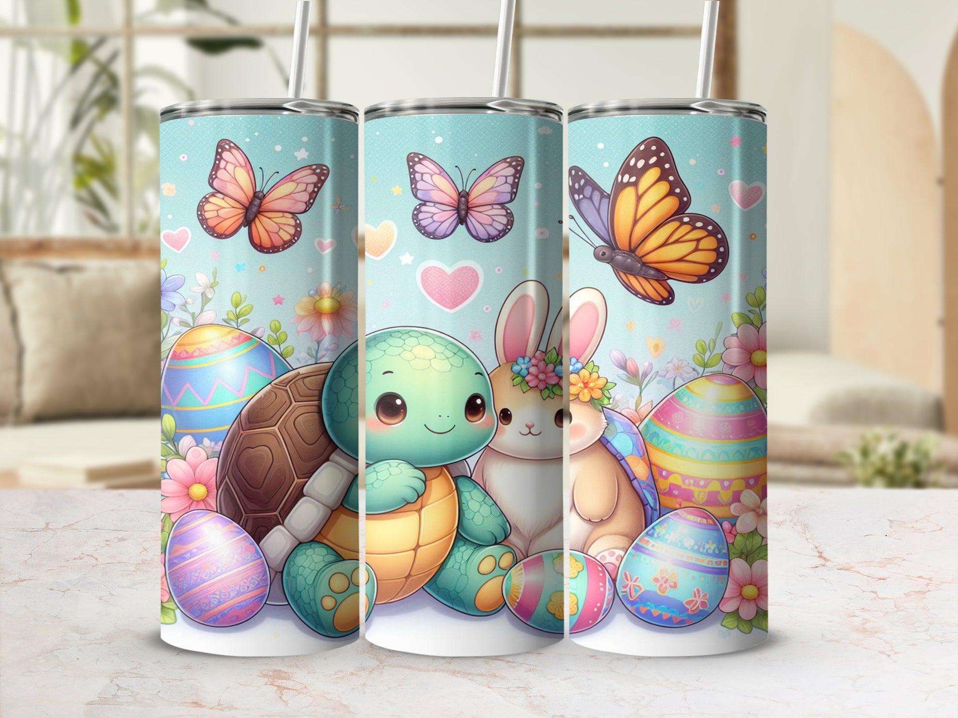 Easter bunny and turtle with colorful eggs and butterflies.