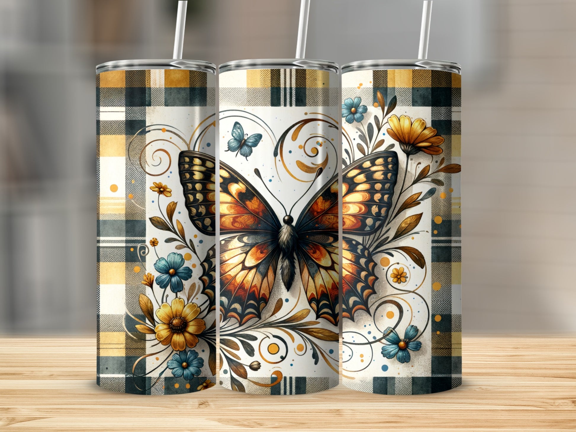 Three tumblers with a vintage plaid and butterfly floral design.