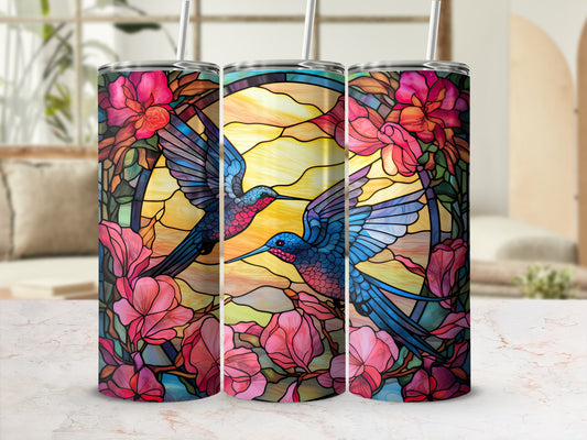 Two colorful hummingbirds in stained glass style with pink flowers and yellow light.