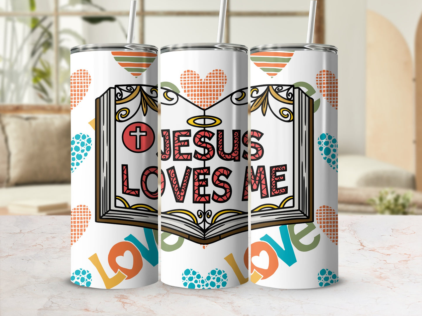 Jesus Loves Me Colorful Heart Design Tumbler Cup