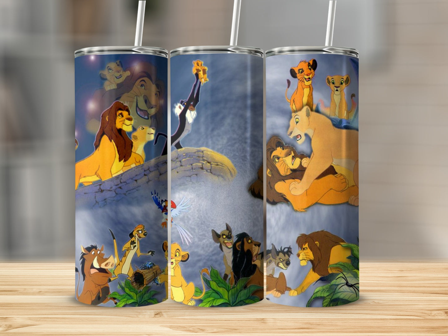 The Lion King characters Simba, Nala, Timon, Pumbaa, and Zazu on a tumbler.