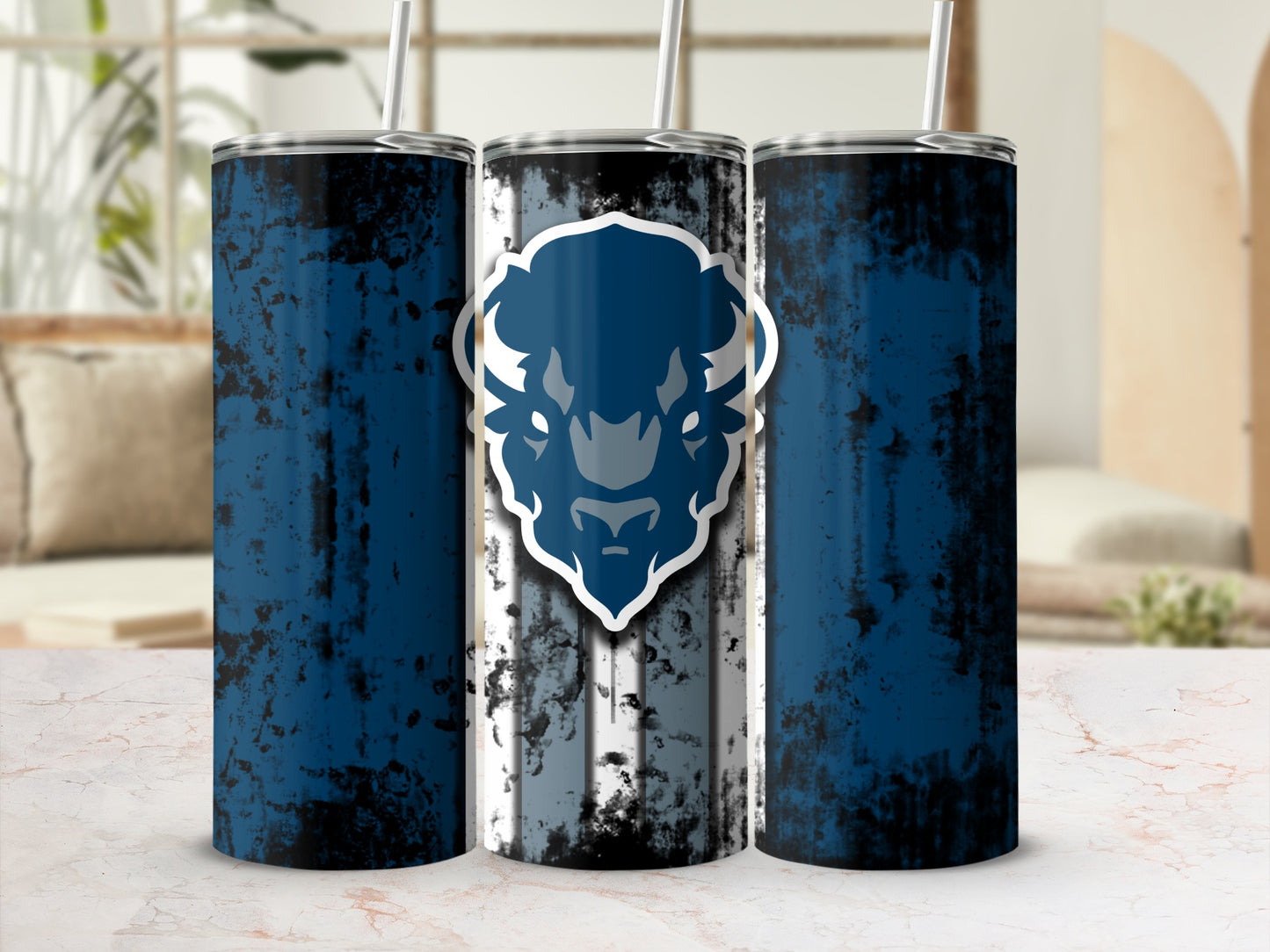 Three tumblers with a distressed blue and white stripe design and a blue buffalo logo.