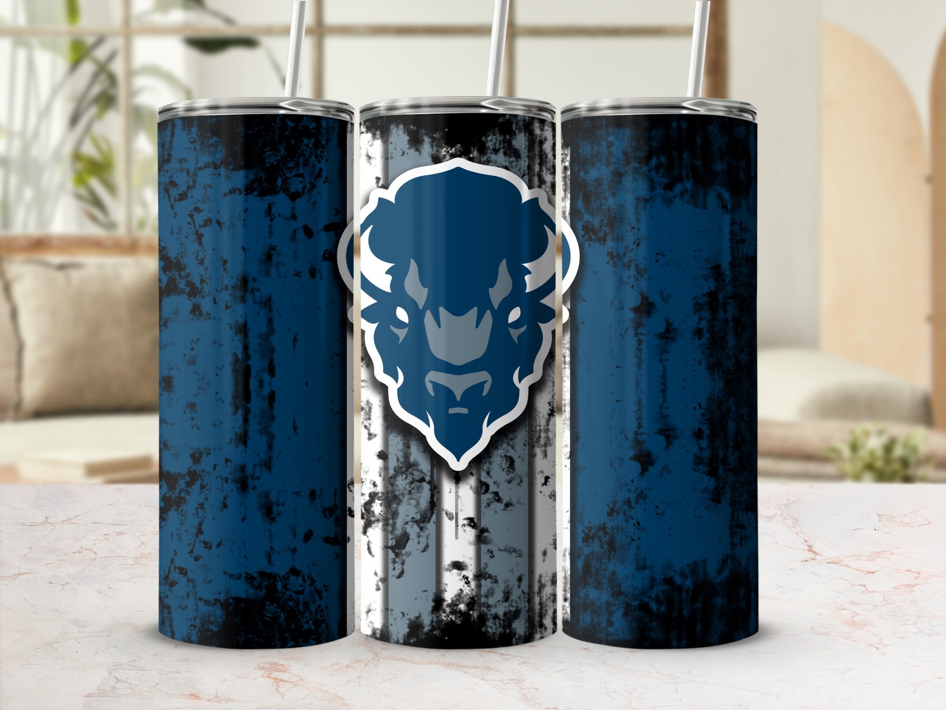 Three tumblers with a distressed blue and white stripe design and a blue buffalo logo.