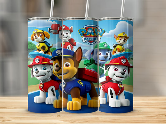 Paw Patrol characters Chase, Marshall, Rubble, and Skye on a blue stadium background.