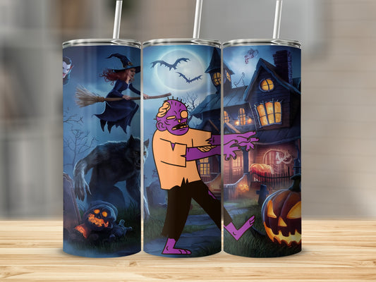 Spooky Halloween Themed Tumbler with Witch and Zombie Design